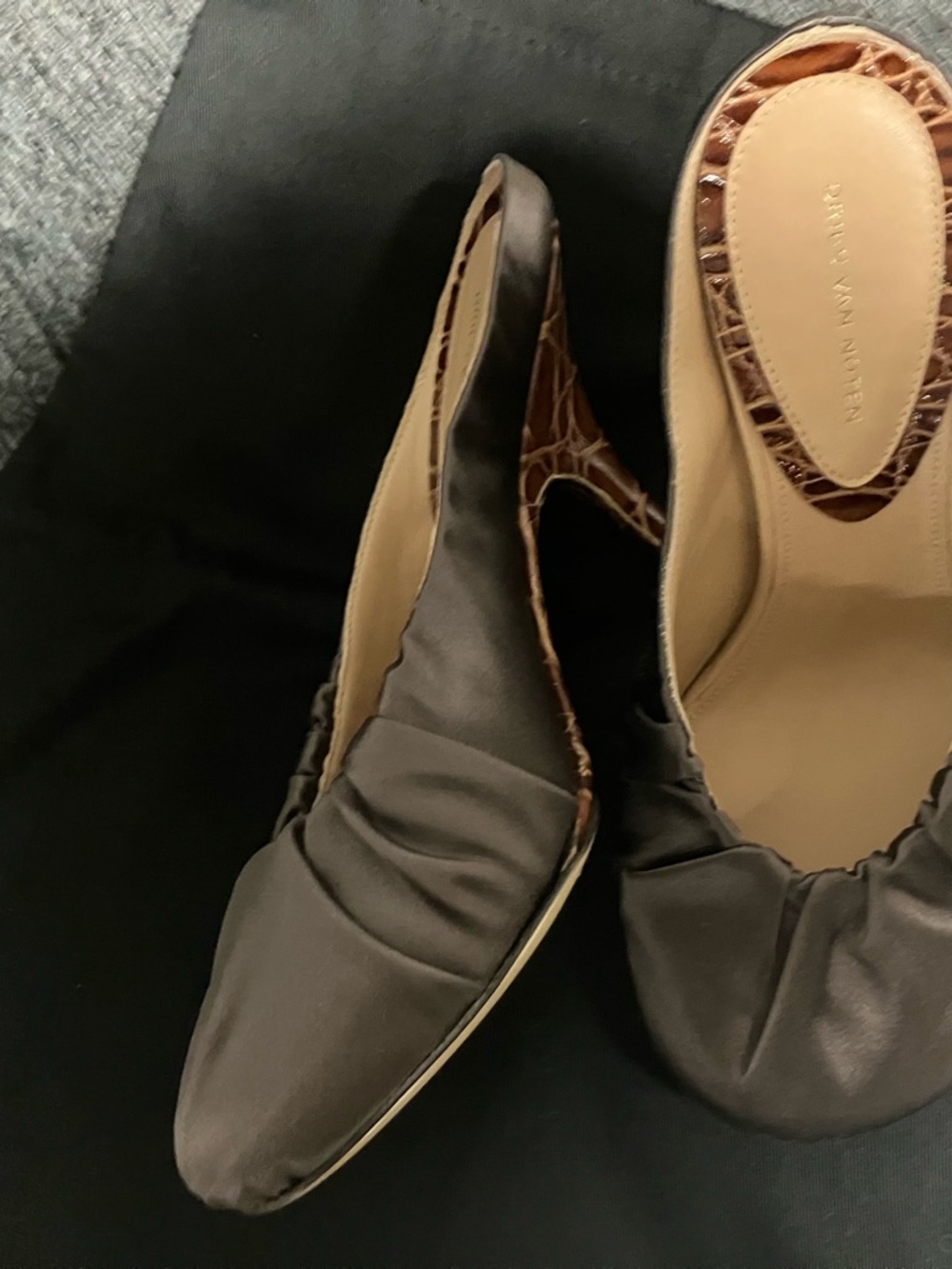 Dries Van Noten Brown Satin Slingback Heels with Croc-Trim